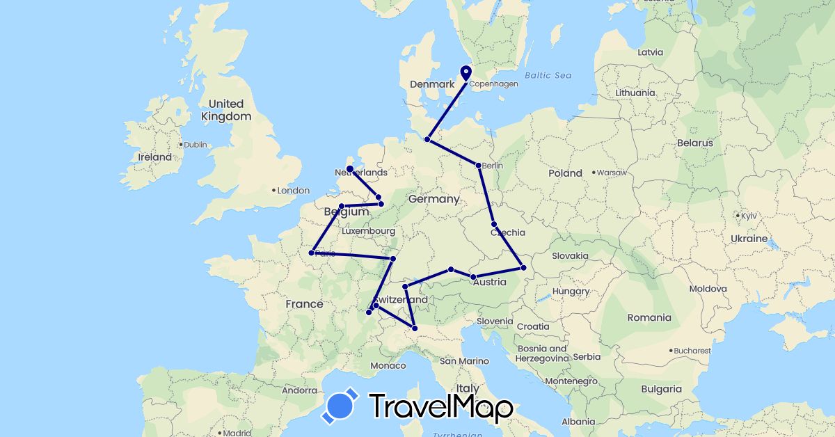 TravelMap itinerary: driving in Austria, Belgium, Switzerland, Czech Republic, Germany, Denmark, France, Italy, Netherlands (Europe)